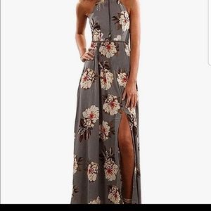 Grey Halter Floral Maxi Dress